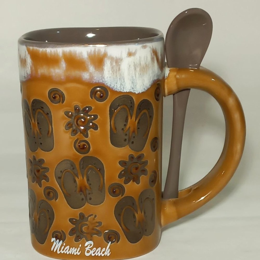 My Cafe Hand Crafted Brown Coffee Tee Mug with Spoon Flip flops Miami Beach